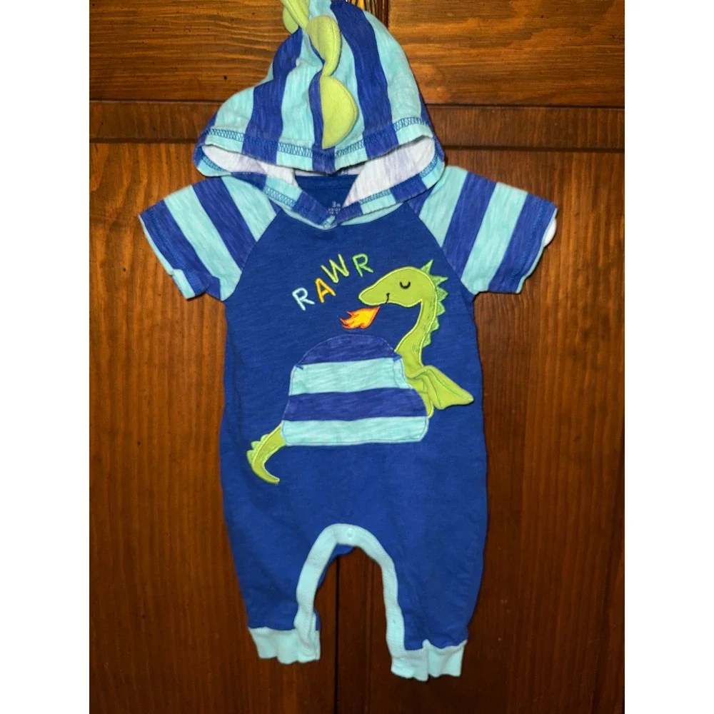Baby Starters Blue Dragon Hooded Romper 3M Striped Dinosaur One Piece